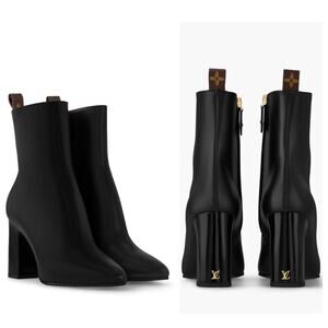 Louis Vuitton Donna Ankle Boots Black Calf Leather Monogram Studs Size 39.5